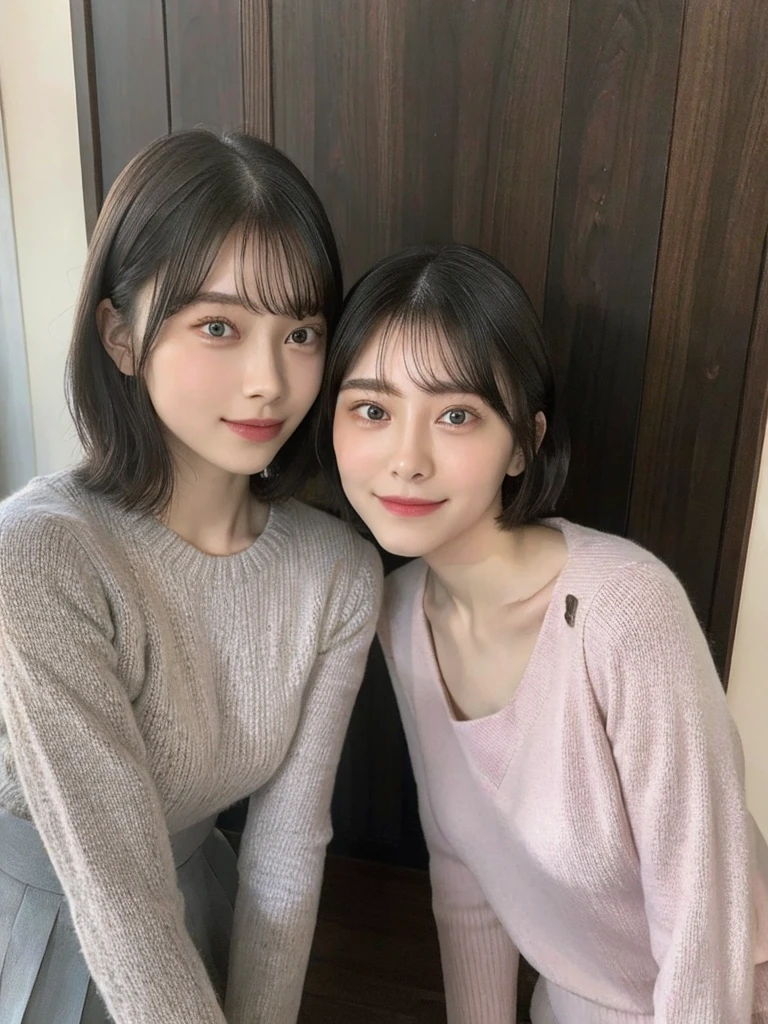 (masterpiece:1.3), (8k, Photoreal, Raw photo, best image quality: 1.4), Japanese high school girl、(random hairstyle:1.2)、cleavage:1.5、super detail face、eye for details、double eyelid、chest to chest、sharp focus:1.2、Beautiful woman:1.4、light brown hair、highest quality、masterpiece、超A high resolution、(Photoreal:1.4)、Highly detailed and professionally lit smiles、loose and light knitwear、shoulder out、thin、serious expression、short haired、deadly position
similar identical twins
All the girls have the exact same face, The two have the same face and figure, as if they were mirror images.