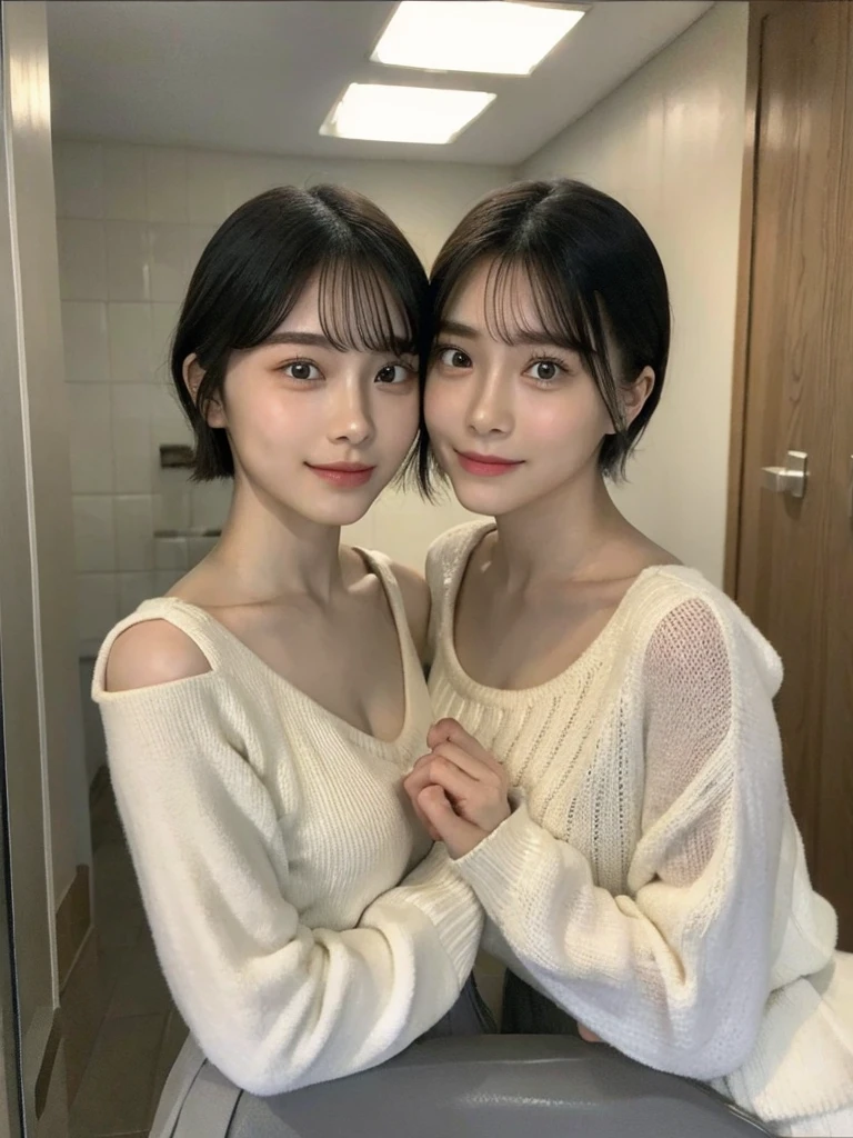 (masterpiece:1.3), (8k, Photoreal, Raw photo, best image quality: 1.4), Japanese high school girl、(random hairstyle:1.2)、cleavage:1.5、super detail face、eye for details、double eyelid、chest to chest、sharp focus:1.2、Beautiful woman:1.4、light brown hair、highest quality、masterpiece、超A high resolution、(Photoreal:1.4)、Highly detailed and professionally lit smiles、loose and light knitwear、shoulder out、thin、serious expression、short haired、deadly position
similar identical twins
All the girls have the exact same face, The two have the same face and figure, as if they were mirror images.