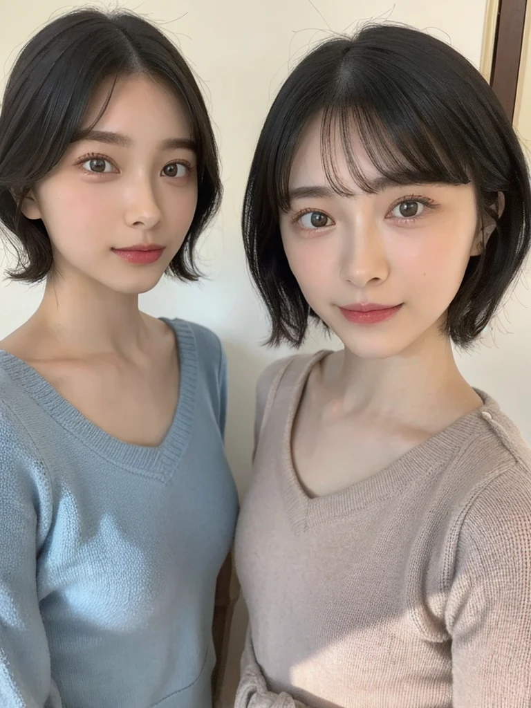 (masterpiece:1.3), (8k, Photoreal, Raw photo, best image quality: 1.4), Japanese high school girl、(random hairstyle:1.2)、cleavage:1.5、super detail face、eye for details、double eyelid、chest to chest、sharp focus:1.2、Beautiful woman:1.4、light brown hair、highest quality、masterpiece、超A high resolution、(Photoreal:1.4)、Highly detailed and professionally lit smiles、loose and light knitwear、shoulder out、thin、serious expression、short haired、deadly position
similar identical twins
All the girls have the exact same face, The two have the same face and figure, as if they were mirror images.