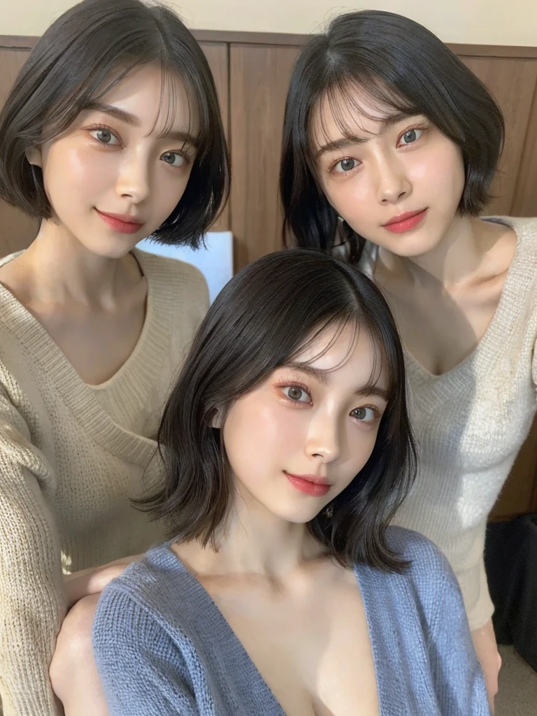 (masterpiece:1.3), (8k, Photoreal, Raw photo, best image quality: 1.4), Japanese high school girl、(random hairstyle:1.2)、cleavage:1.5、super detail face、eye for details、double eyelid、chest to chest、sharp focus:1.2、Beautiful woman:1.4、light brown hair、highest quality、masterpiece、超A high resolution、(Photoreal:1.4)、Highly detailed and professionally lit smiles、loose and light knitwear、shoulder out、thin、serious expression、short haired、deadly position
similar identical twins
All the girls have the exact same face, The two have the same face and figure, as if they were mirror images.