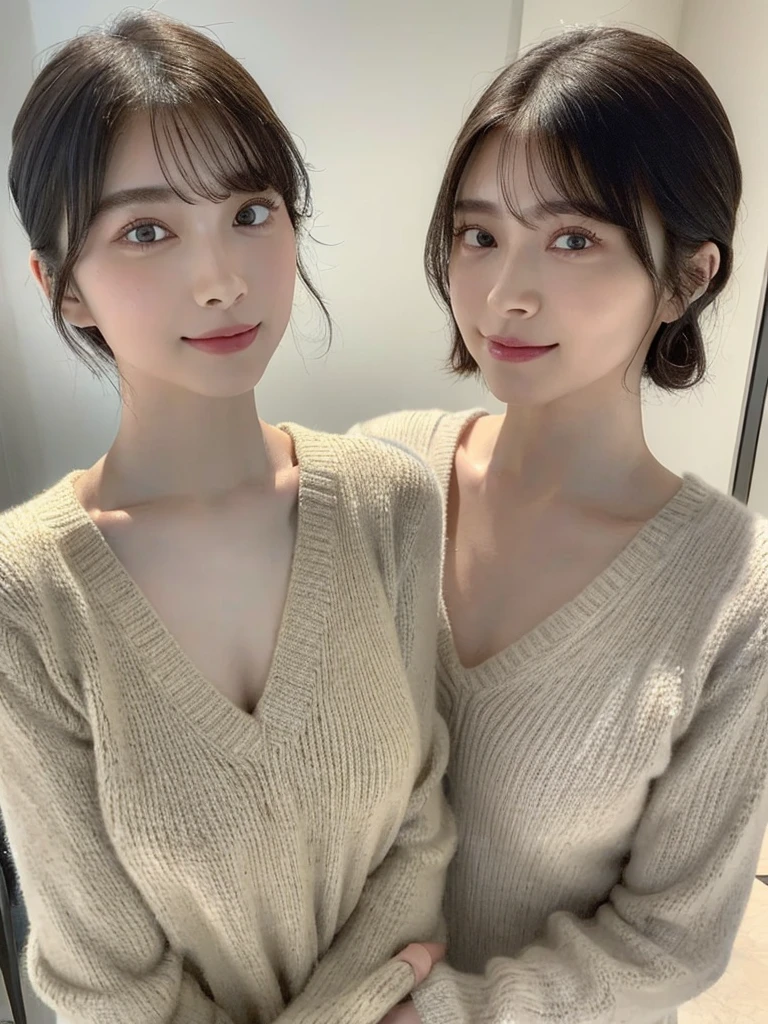 (masterpiece:1.3), (8k, Photoreal, Raw photo, best image quality: 1.4), Japanese high school girl、(random hairstyle:1.2)、cleavage:1.5、super detail face、eye for details、double eyelid、chest to chest、sharp focus:1.2、Beautiful woman:1.4、light brown hair、highest quality、masterpiece、超A high resolution、(Photoreal:1.4)、Highly detailed and professionally lit smiles、loose and light knitwear、shoulder out、thin、serious expression、short haired、deadly position
similar identical twins
All the girls have the exact same face, The two have the same face and figure, as if they were mirror images.
