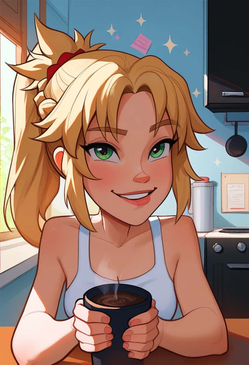 Jabstyle, mordred 18, pov, home kitchen, loving expression, offering coffee to viewer, early morning, shadows, romantic, sparkles, alluring, lewd