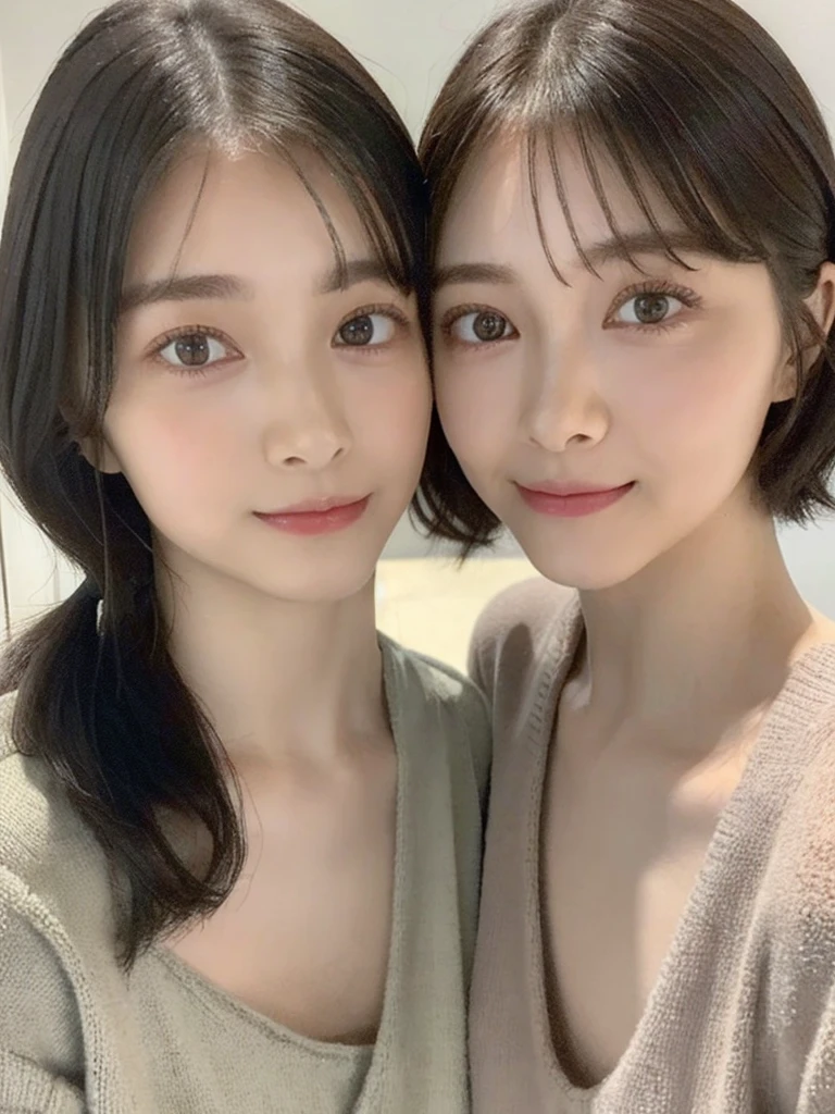 (masterpiece:1.3), (8k, Photoreal, Raw photo, best image quality: 1.4), Japanese high school girl、(random hairstyle:1.2)、cleavage:1.5、super detail face、eye for details、double eyelid、chest to chest、sharp focus:1.2、Beautiful woman:1.4、light brown hair、highest quality、masterpiece、超A high resolution、(Photoreal:1.4)、Highly detailed and professionally lit smiles、loose and light knitwear、shoulder out、thin、serious expression、short haired、deadly position
similar identical twins
All the girls have the exact same face, The two have the same face and figure, as if they were mirror images.