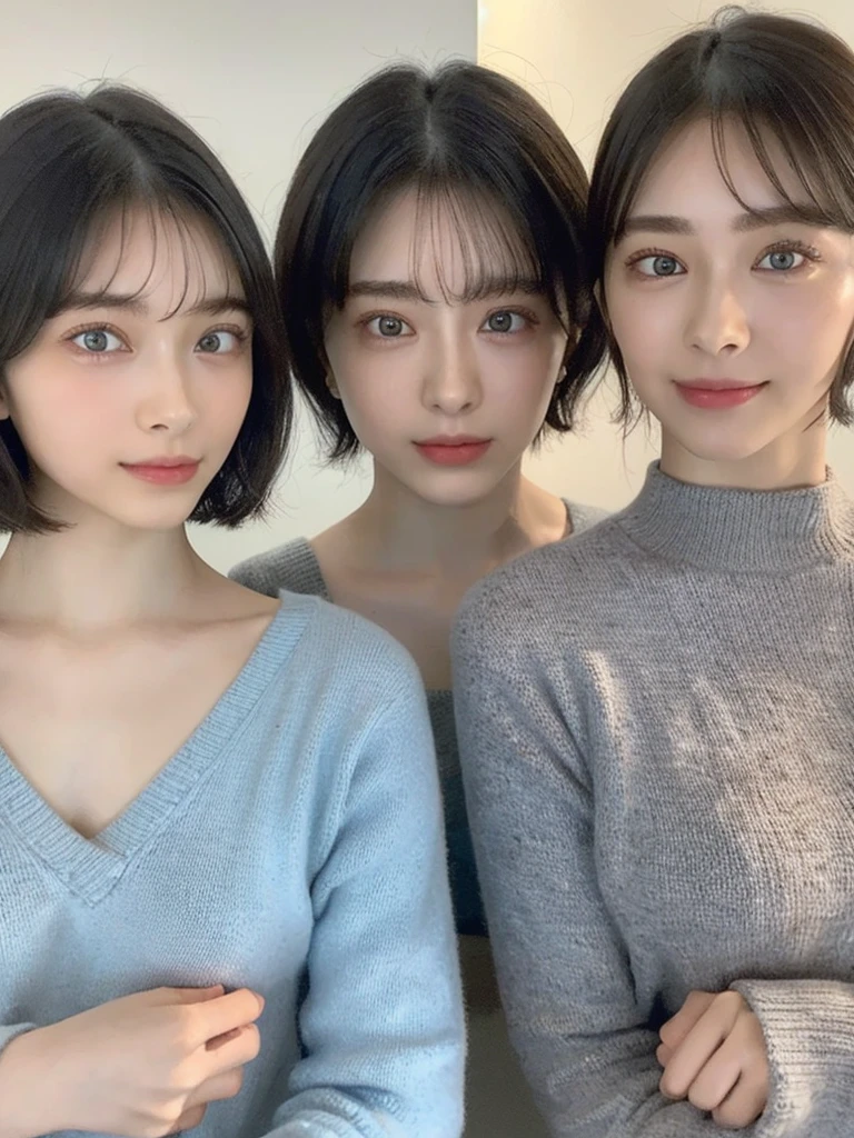 (masterpiece:1.3), (8k, Photoreal, Raw photo, best image quality: 1.4), Japanese high school girl、(random hairstyle:1.2)、cleavage:1.5、super detail face、eye for details、double eyelid、chest to chest、sharp focus:1.2、Beautiful woman:1.4、light brown hair、highest quality、masterpiece、超A high resolution、(Photoreal:1.4)、Highly detailed and professionally lit smiles、loose and light knitwear、shoulder out、thin、serious expression、short haired、deadly position
similar identical twins
All the girls have the exact same face, The two have the same face and figure, as if they were mirror images.