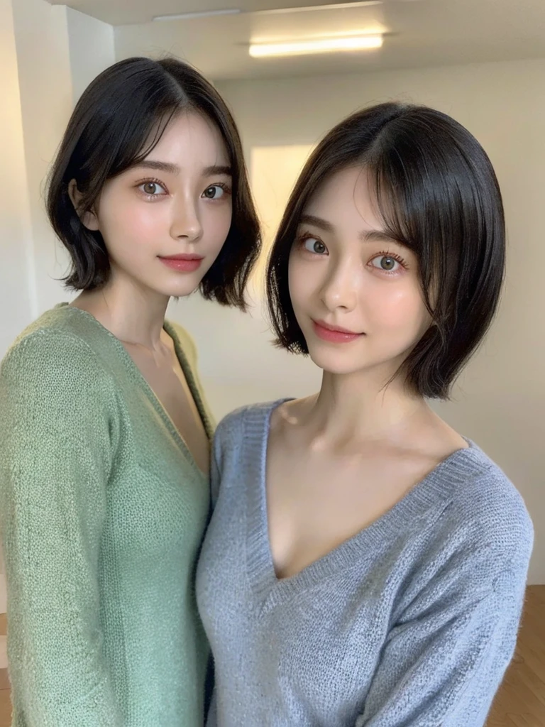 (masterpiece:1.3), (8k, Photoreal, Raw photo, best image quality: 1.4), Japanese high school girl、(random hairstyle:1.2)、cleavage:1.5、super detail face、eye for details、double eyelid、chest to chest、sharp focus:1.2、Beautiful woman:1.4、light brown hair、highest quality、masterpiece、超A high resolution、(Photoreal:1.4)、Highly detailed and professionally lit smiles、loose and light knitwear、shoulder out、thin、serious expression、short haired、deadly position
similar identical twins
All the girls have the exact same face, The two have the same face and figure, as if they were mirror images.