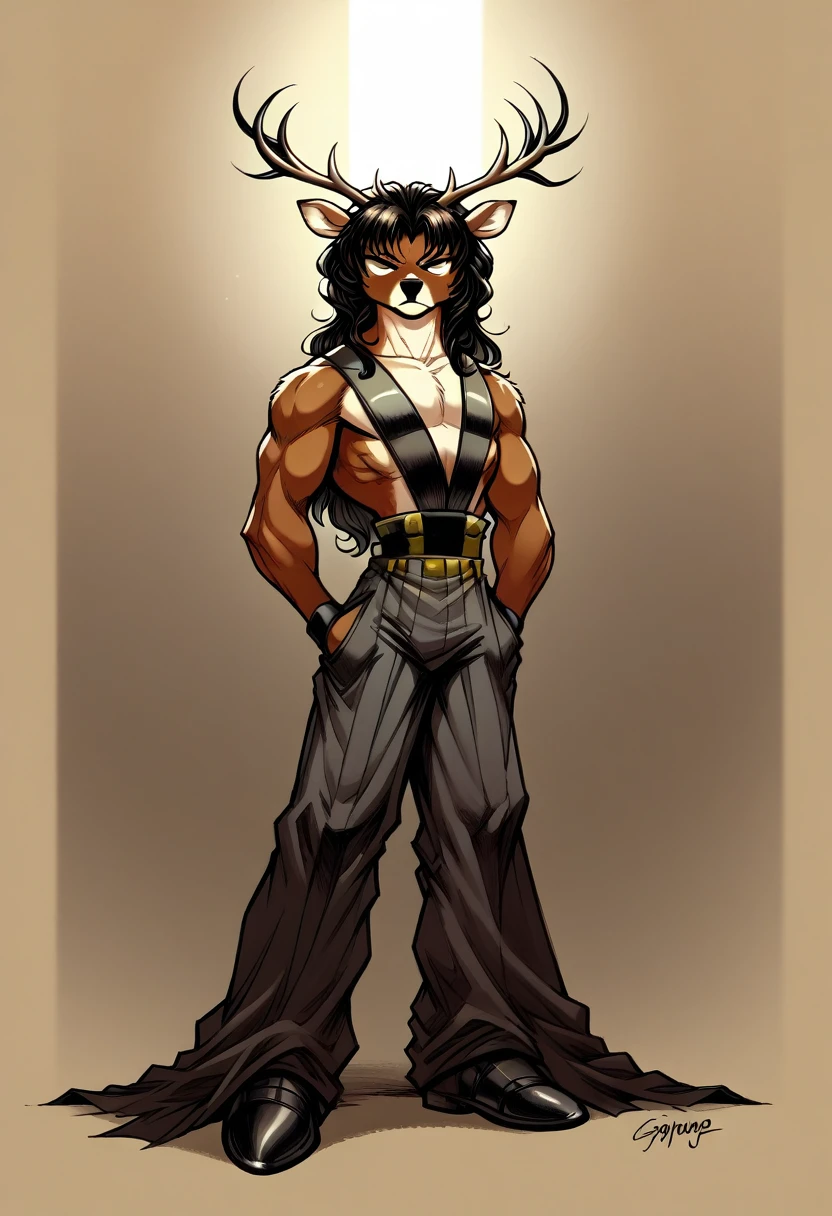 Louis, a fighter teen male furry deer male focus,flat chest,extremely detailed face and features, bombing bust,giga skinny,half naked,short long hair, fighter suit,buck horns,full body,elegant, flowy hair, dramatic lighting, cinematic angles, vibrant tone, digital painting, 8k, Shadow Hearts/R4:Ridge Racer Type 4/Racing Lagoon style, high quality