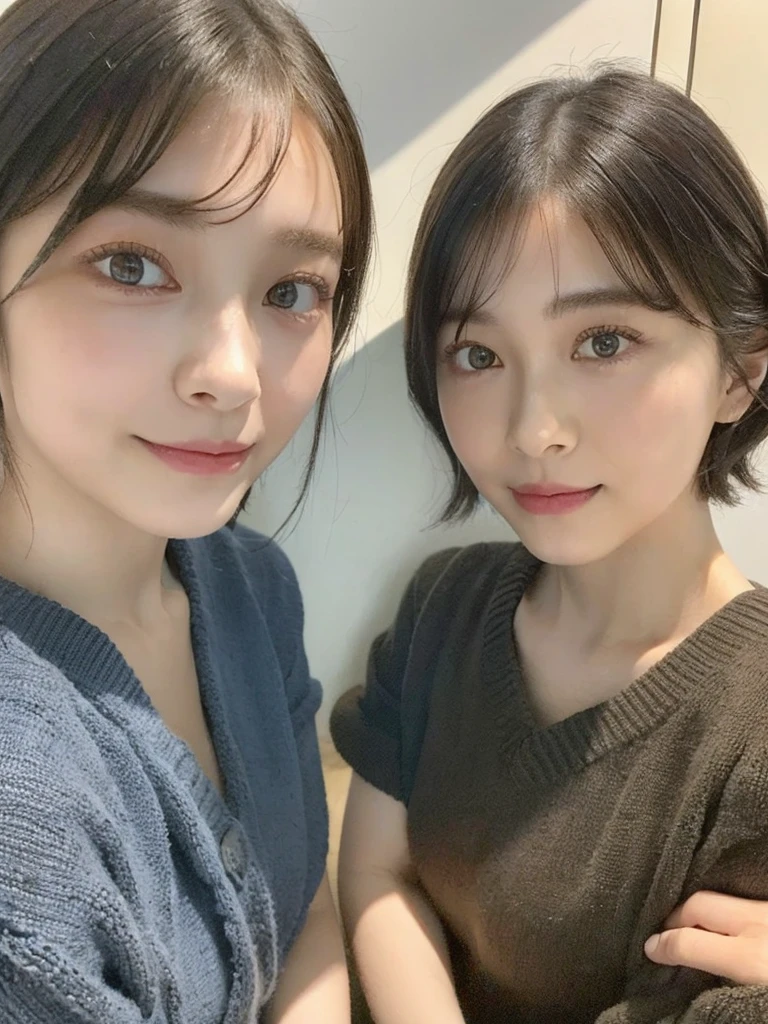 (masterpiece:1.3), (8k, Photoreal, Raw photo, best image quality: 1.4), Japanese high school girl、(random hairstyle:1.2)、cleavage:1.5、super detail face、eye for details、double eyelid、chest to chest、sharp focus:1.2、Beautiful woman:1.4、light brown hair、highest quality、masterpiece、超A high resolution、(Photoreal:1.4)、Highly detailed and professionally lit smiles、loose and light knitwear、shoulder out、thin、serious expression、short haired、deadly position
similar identical twins
All the girls have the exact same face, The two have the same face and figure, as if they were mirror images.