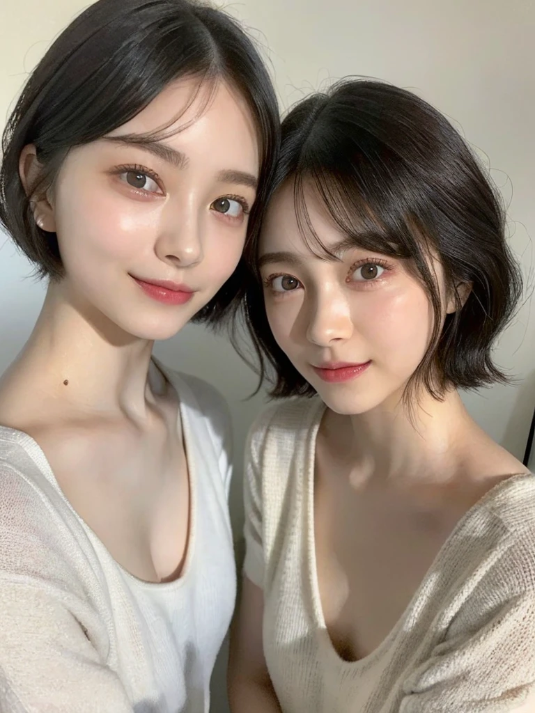 (masterpiece:1.3), (8k, Photoreal, Raw photo, best image quality: 1.4), Japanese high school girl、(random hairstyle:1.2)、cleavage:1.5、super detail face、eye for details、double eyelid、chest to chest、sharp focus:1.2、Beautiful woman:1.4、light brown hair、highest quality、masterpiece、超A high resolution、(Photoreal:1.4)、Highly detailed and professionally lit smiles、loose and light knitwear、shoulder out、thin、serious expression、short haired、deadly position
similar identical twins
All the girls have the exact same face, The two have the same face and figure, as if they were mirror images.