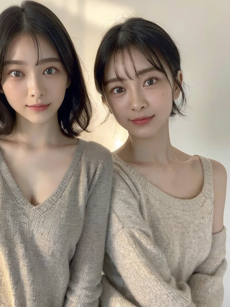 (masterpiece:1.3), (8k, Photoreal, Raw photo, best image quality: 1.4), Japanese high school girl、(random hairstyle:1.2)、:1.5、super ail face、eye for details、double eyelid、chest to chest、sharp focus:1.2、Beautiful woman:1.4、light brown hair、highest quality、masterpiece、超A high resolution、(Photoreal:1.4)、Highly detailed and professionally lit smiles、loose and light knitwear、shoulder out、thin、serious expression、short haired、deadly position
similar identical twins
All the girls have the exact same face, The two have the same face and figure, as if they were mirror images.