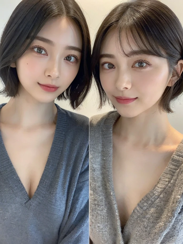 (masterpiece:1.3), (8k, Photoreal, Raw photo, best image quality: 1.4), Japanese high school girl、(random hairstyle:1.2)、cleavage:1.5、super detail face、eye for details、double eyelid、chest to chest、sharp focus:1.2、Beautiful woman:1.4、light brown hair、highest quality、masterpiece、超A high resolution、(Photoreal:1.4)、Highly detailed and professionally lit smiles、loose and light knitwear、shoulder out、thin、serious expression、short haired、deadly position
similar identical twins
All the girls have the exact same face, The two have the same face and figure, as if they were mirror images.