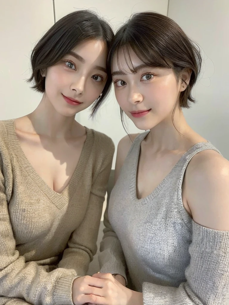 (masterpiece:1.3), (8k, Photoreal, Raw photo, best image quality: 1.4), Japanese high school girl、(random hairstyle:1.2)、cleavage:1.5、super detail face、eye for details、double eyelid、chest to chest、sharp focus:1.2、Beautiful woman:1.4、light brown hair、highest quality、masterpiece、超A high resolution、(Photoreal:1.4)、Highly detailed and professionally lit smiles、loose and light knitwear、shoulder out、thin、serious expression、short haired、deadly position
similar identical twins
All the girls have the exact same face, The two have the same face and figure, as if they were mirror images.