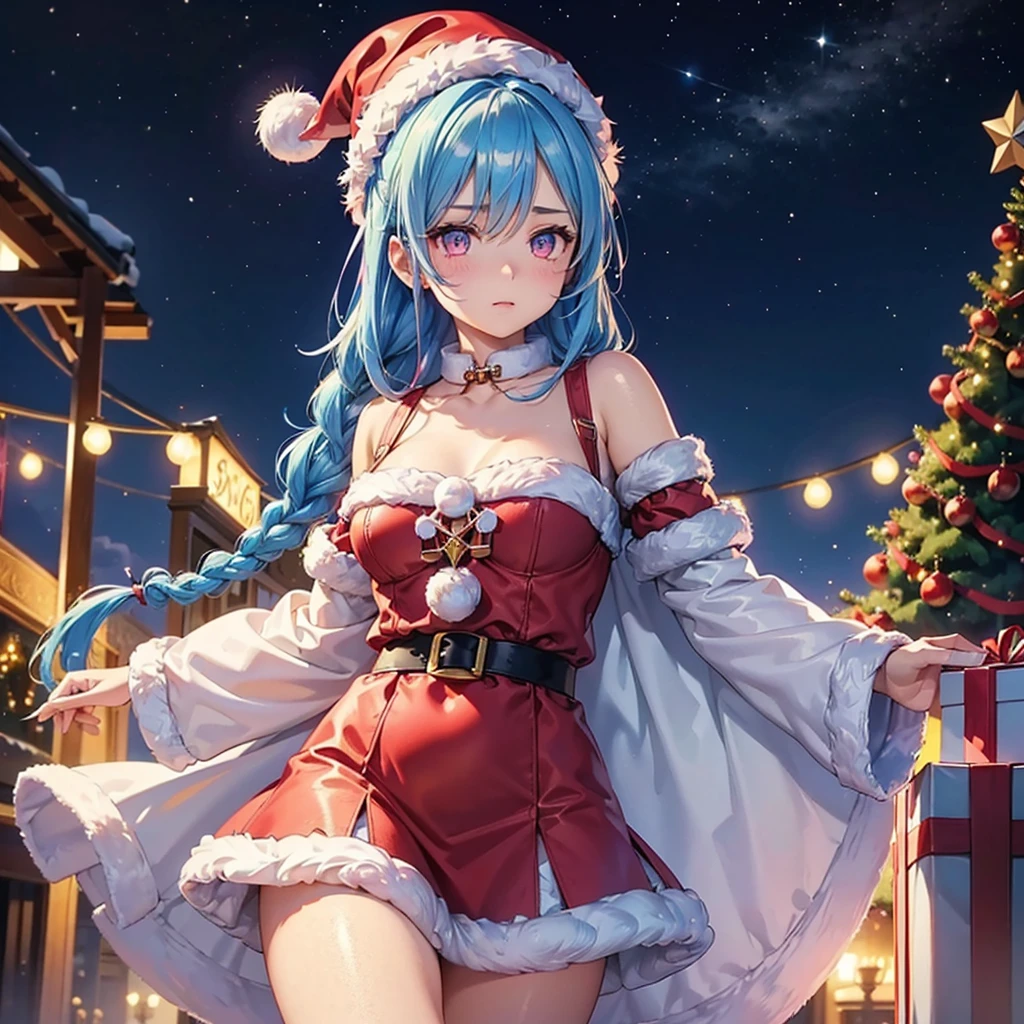 (Sky blue hair),(Braided Hair), (Pink Eyes),Fair skin) ,(whole body),(One Girl),(Gift boxes filling the background),(Santa Claus clothes),Santa Claus hat,(Christmas Party),(masterpiece, Highest quality, Very detailed, Best Shadow), (Detailed Background), (Beautifully detailed face), High Contrast, (Best lighting, Very delicate and beautiful), ((Cinematic Light)), Hyper Detail,8k, Dramatic Light, Intricate details,night,