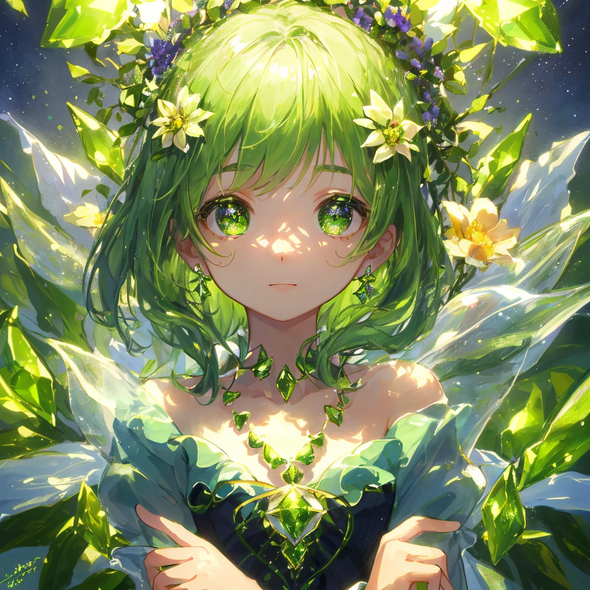 1 girl masterpiece, highest quality, shape, peridot eyes and hair, peridot earrings, peridot necklace, flowers, flower fairy, cute, (dynamic lighting:1.2), cinematic lighting, delicate features, fine eyes, sharp pupils, realistic student, written boundary depth, Bokeh, sharp focus, (very detailed, bloom, shine:1.4), lots of little gems