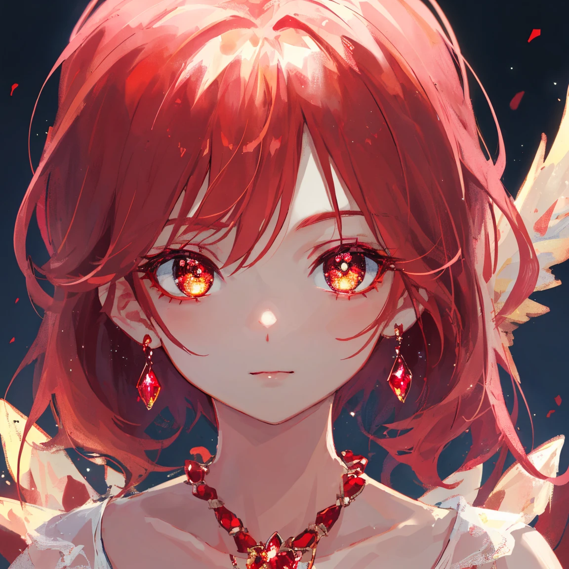 1 girl masterpiece, highest quality, shape, Ruby eyes and hair, Ruby earrings, Ruby necklace, flame, fire fairy, cute, (dynamic lighting:1.2), cinematic lighting, delicate features, fine eyes, sharp pupils, realistic student, written boundary depth, Bokeh, sharp focus, (very detailed, bloom, shine:1.4), lots of little gems