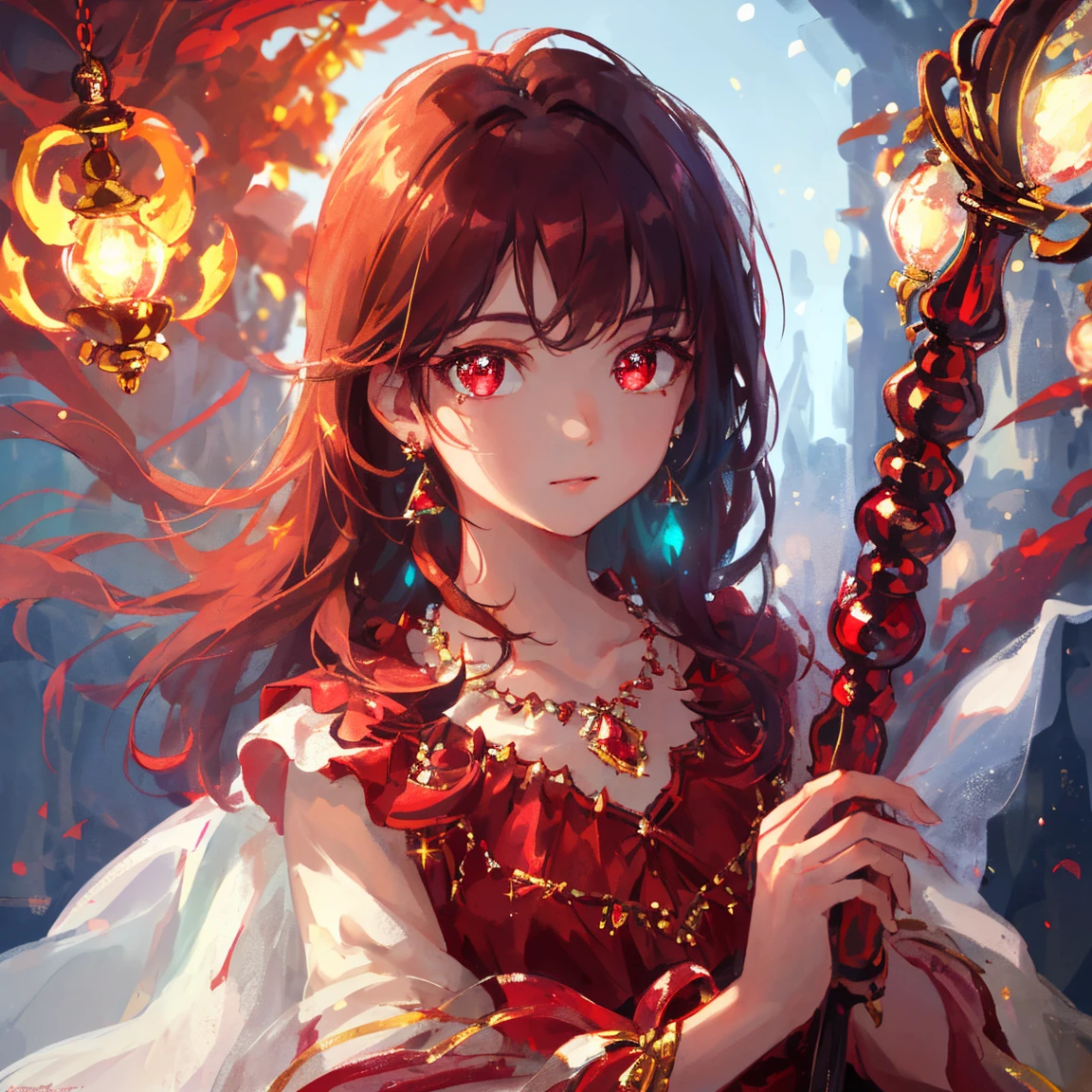 1 girl masterpiece, highest quality, shape, Ruby eyes and hair, Ruby earrings, Ruby necklace, flame, fire fairy, cute, (dynamic lighting:1.2), cinematic lighting, delicate features, fine eyes, sharp pupils, realistic student, written boundary depth, Bokeh, sharp focus, (very detailed, bloom, shine:1.4), lots of little gems 
