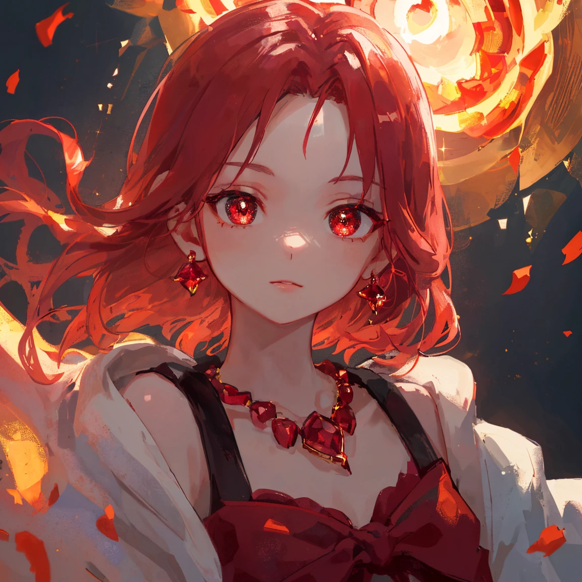 1 girl masterpiece, highest quality, shape, Ruby eyes and hair, Ruby earrings, Ruby necklace, flame, fire fairy, cute, (dynamic lighting:1.2), cinematic lighting, delicate features, fine eyes, sharp pupils, realistic student, written boundary depth, Bokeh, sharp focus, (very detailed, bloom, shine:1.4), lots of little gems 