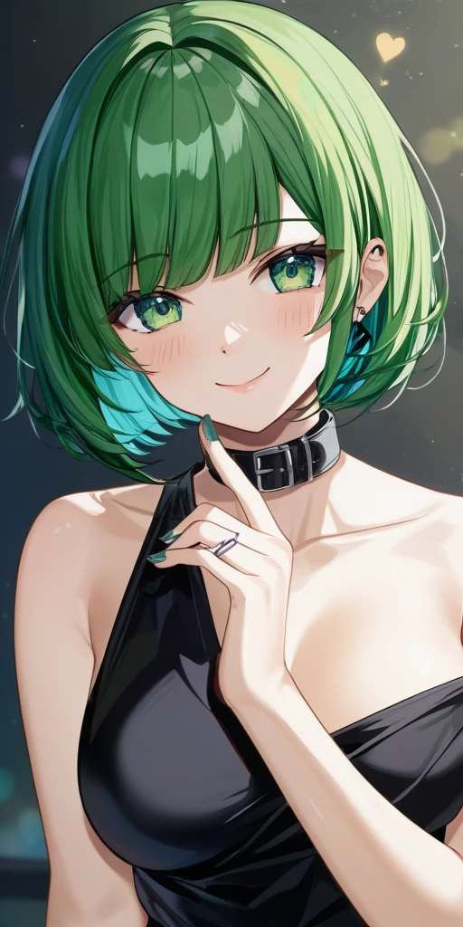 (((Green hair))), (((bob hair cut))), ((black collar))),(((green eyes))), ((Highest quality、(((black nail polish))), masterpiece、anime style、best quality、high resolution、8k、detailed、ultra-detailed:1.3))、Long legs、Sharp focus:1.2, Beautiful woman with perfect figure:1.4、(Smiling:1.2), double eyelid、30-year-old female、Sexy pose、((((Close your mouth、One Woman、Witch、The background is a different world、Luxury hotel lounge))))、(((((Hands on the side of the body)))))