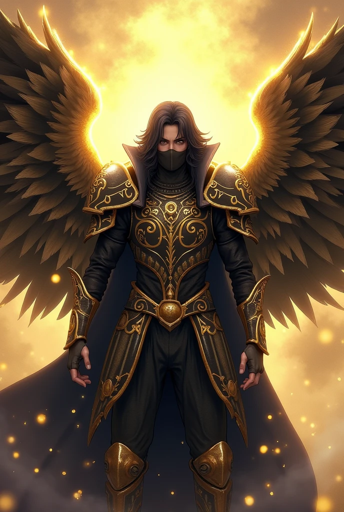 Madara Uchiha male man with celestial armor with long wavy black hair covering part of his warrior face with a golden aura and wings covered in bronze and black metal with golden Hebrew letters inscribed on them with a menacing look and a hood covering his head and face and a mouth cover, emanates a totally incredible power