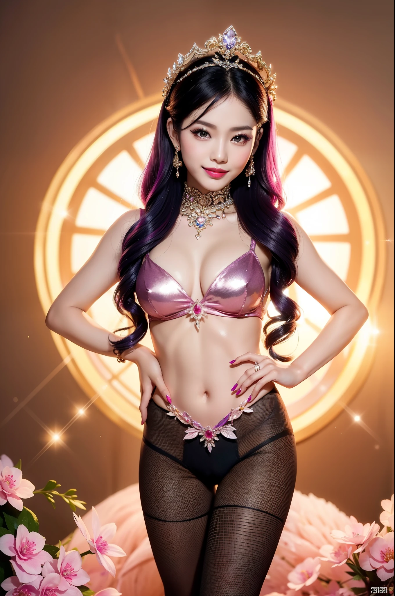 sexy Thai model who controls poison、beautiful smile、lip-gloss、bold lipstick、intense makeup、look at the camera、full body Esbian、、sparkling poisoned flower costume、、、、sparkling Colorful hair、secrete poison、skull hair accessories、sexy tights、shiny sparkling flowers background