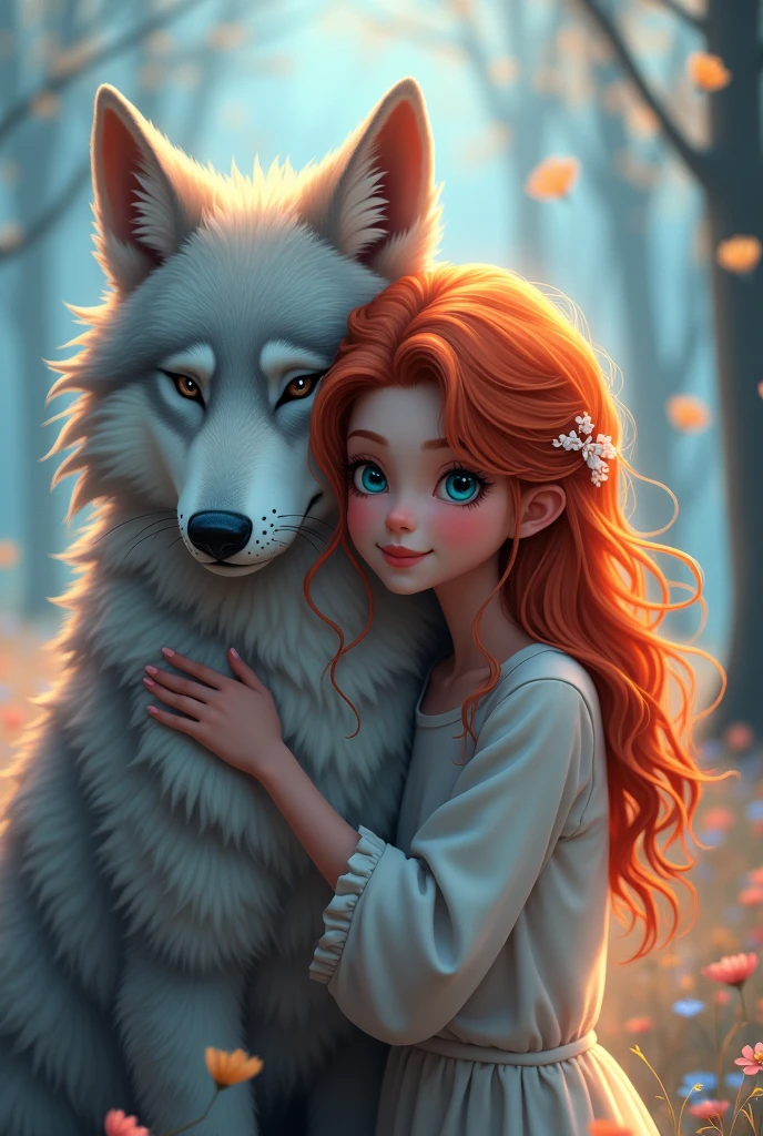 ,sweet, years, hair,red, eyes,blue, hug, to wolf , 4k
