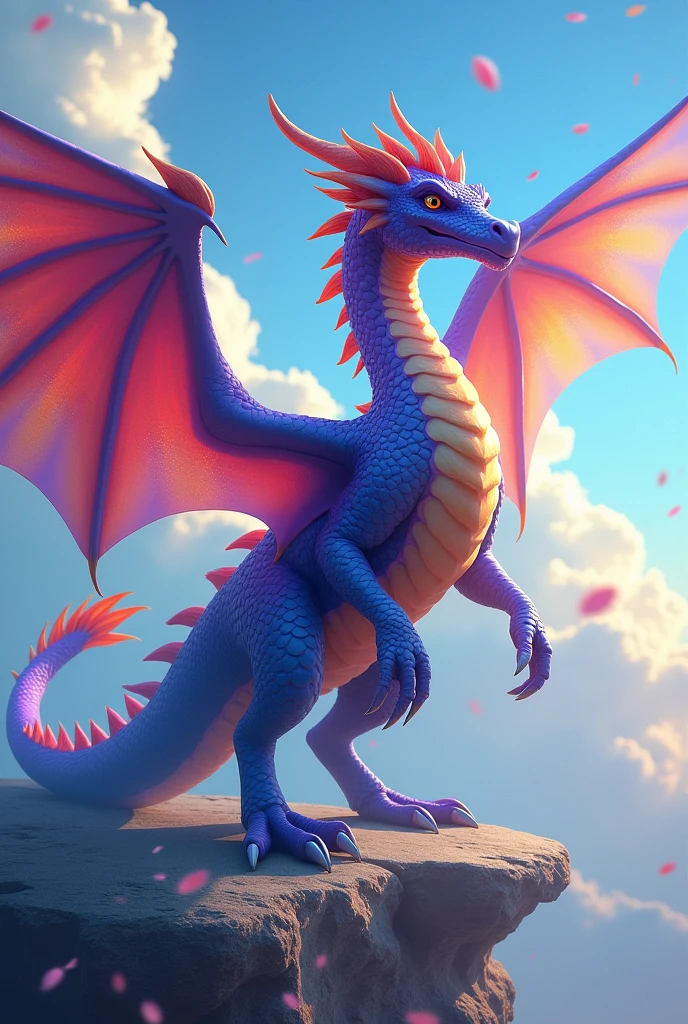 Purple dragon, with rainbow wings, with sky blue tail,red breast with green
