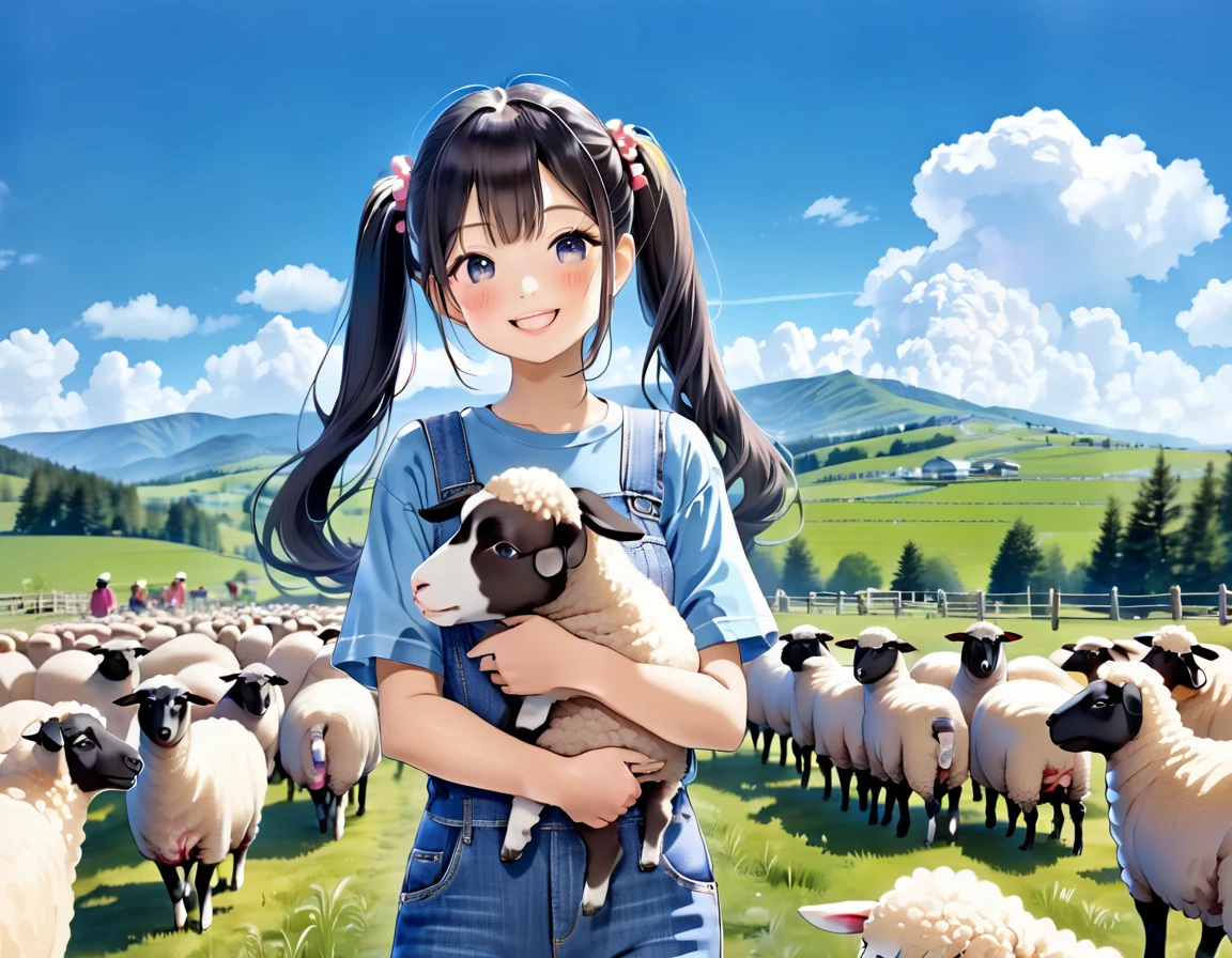 Light blue long hair、beautiful girl with twin tails、T-shirt and denim jumpsuit、A happy smile、Sheep pasture、Lots of sheep、 smiling while holding a sheep、blue sky、Two dogs watching over sheep