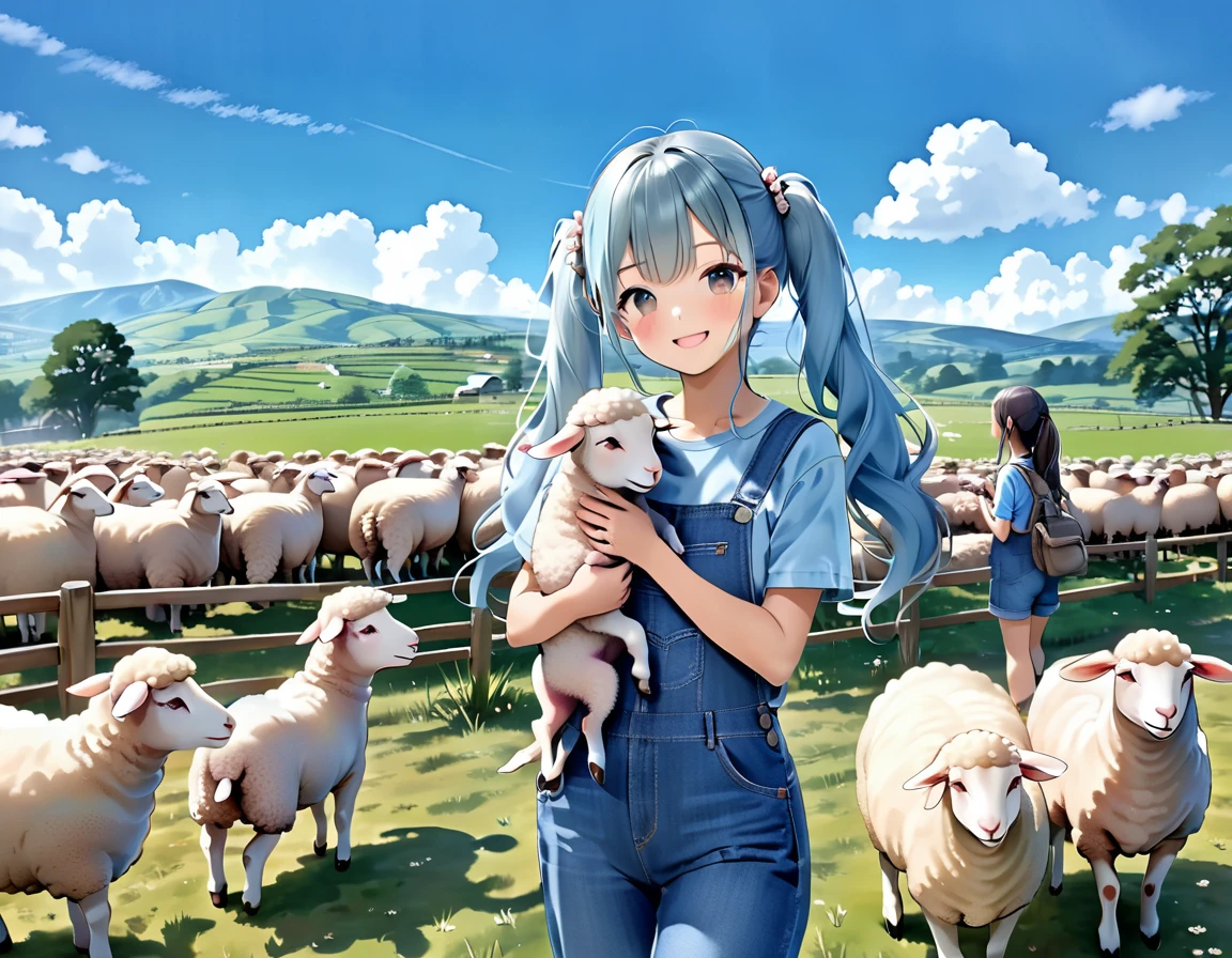 Light blue long hair、beautiful girl with twin tails、T-shirt and denim jumpsuit、A happy smile、Sheep pasture、Lots of sheep、 smiling while holding a sheep、blue sky、Two dogs watching over sheep