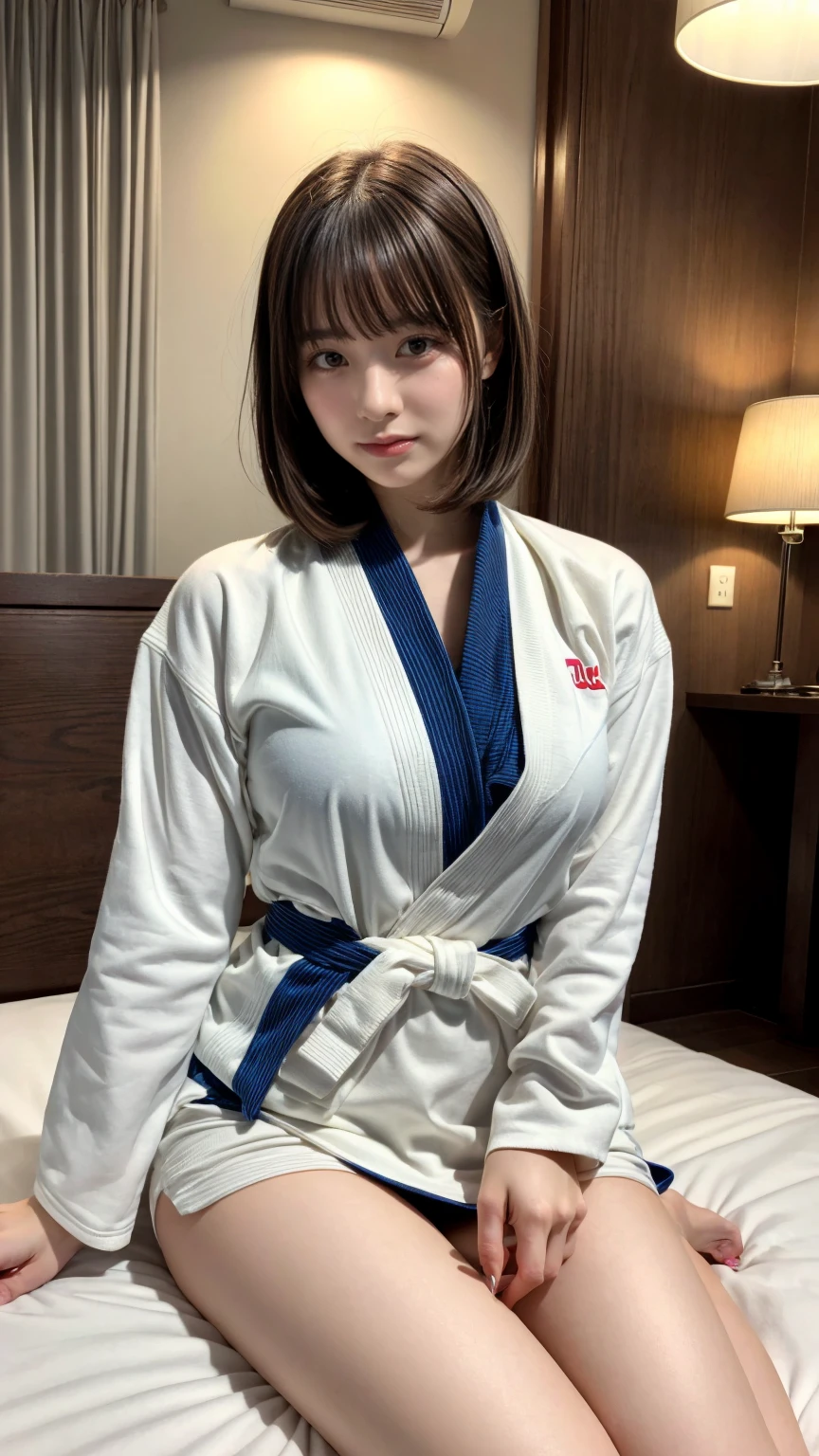 masterpiece, best quality, illustration, Super detailed, fine details, High resolution, 8K,wall paper, perfect dynamic composition,(Details High quality, realistic depiction of eyes:1.3), oversized judo uniform white, sitting, open legs, short bob hair, in a hotel room in the background, large breasts, black hair color, Big Natural Color Lip, (perfect body shape), crying a little、Harajuku style、20 year old girl、cute type、beautiful legs, Gravure Idol