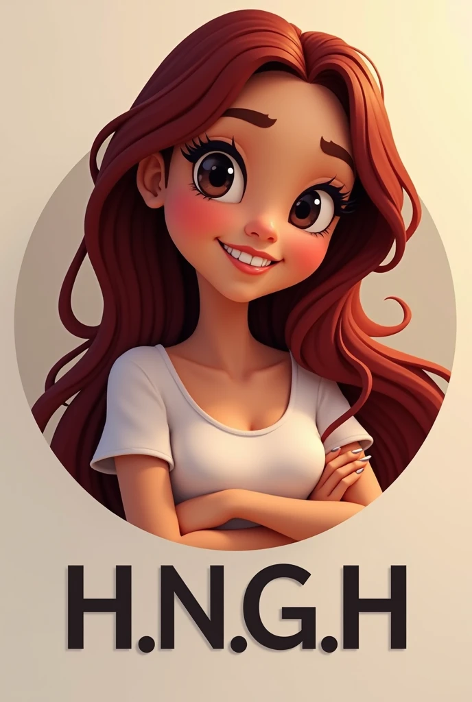  An animated logo of a 19 year old dark red haired girl, pretty eyebrows, straight teeth, very thin lips, long nails, brown skin, dark brown eyes,with black eyeliner, blushing cheeks,CABELLO LARgO rostro no tan delgado, small bust, crossed arms with initials below, estas iniciales h.n.g.h. in capital letters 
