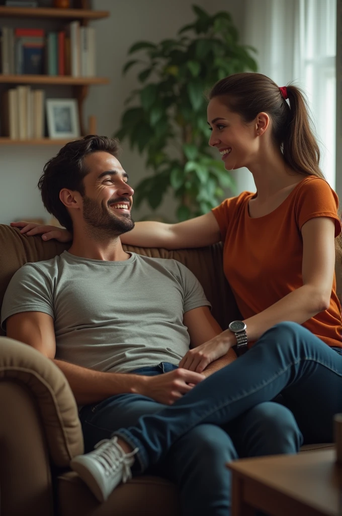 Un homme assis sur le canapé avec un air satisfait, mais la femme à côté de lui, tenant la télécommande, a un sourire malicieux et sûr d'elle.