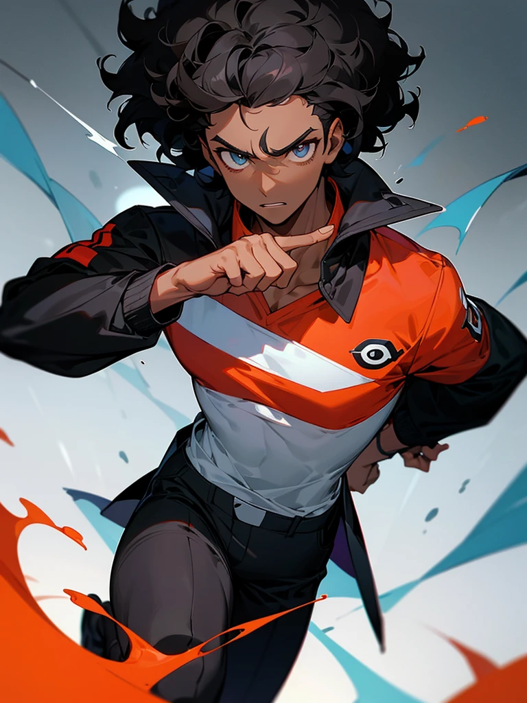 Imagine a dark-skinned boy with short, curly hair, deep black, that fall in a disorderly manner on his forehead. His eyes are full of curiosity and determination contrasting with the shine of his black lenses., that give you an intelligent and focused look.
he wears a red shirt, vibrant like a flame, and over it a stylish black jacket with white lines, that follow the classic design of a Pokémon trainer. The jacket fits your body perfectly, suggesting agility and readiness, as if he was always prepared to face any challenge. The complete ensemble gives him a confident and energetic look., ready to excel in any competition or adventure that awaits you.
