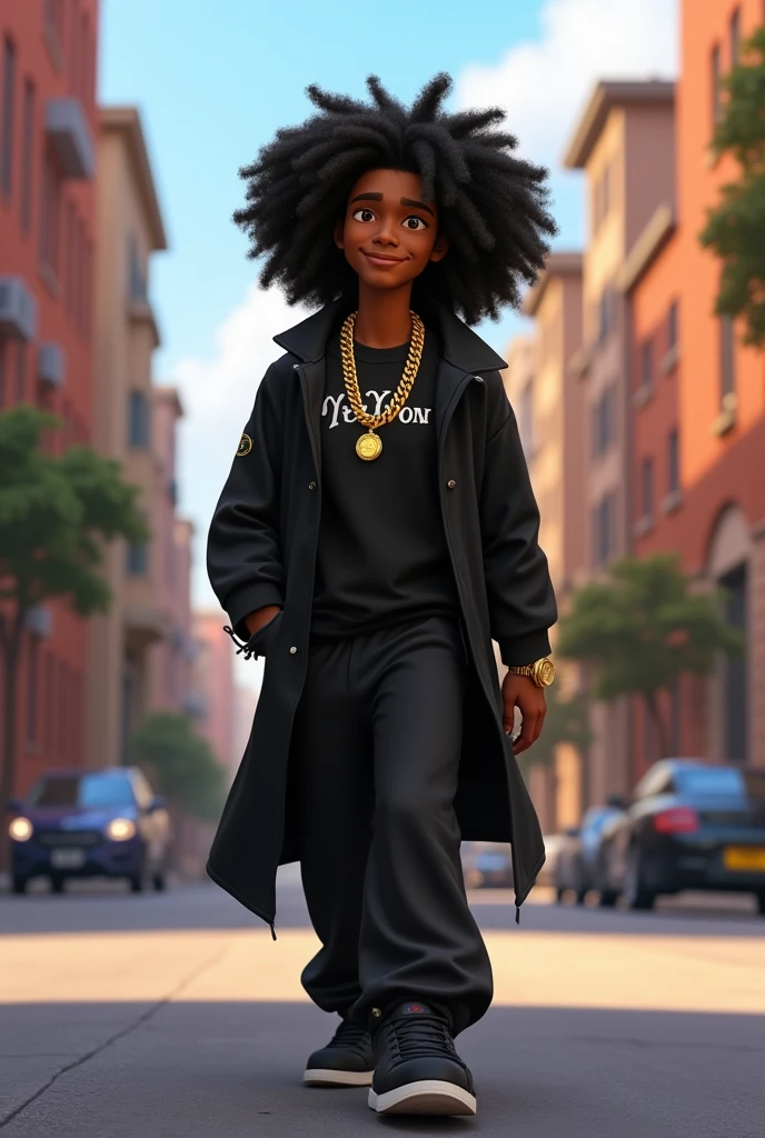 Disney Pixar (YOUNG BLACK MAN WITH LONG, CURLY BLACK HAIR) He is walking through the streets of your neighborhood, in a black coat with the words Wy Strong Sil written on it, Wide black pants, black sneakers, many gold threads around the neck, gold watch on wrist. pixar, cool and stylish