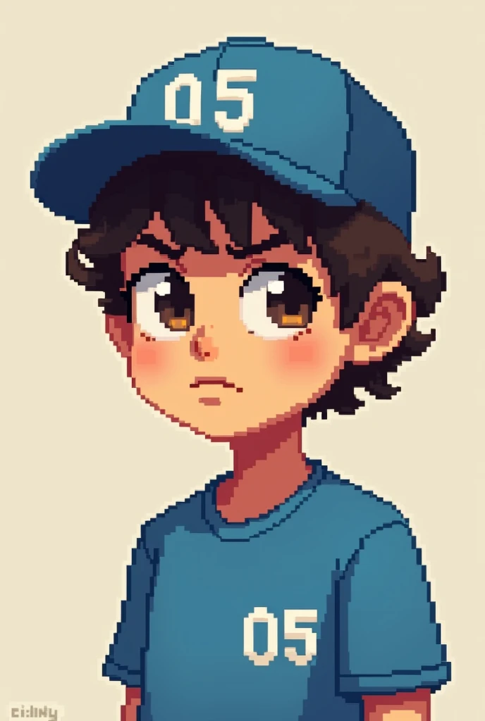 Make a boy in pixel art, with a blue shirt with a 05 in the upper right corner and a blue cap with the number 05, he has curly hair and he has a serious face, He has brown eyes
