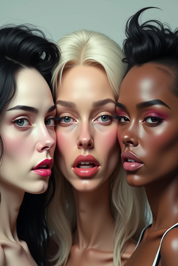 Three Brazilian women, one white with black hair, another white with blonde hair and one black with short men's hair, all of them have extremely exaggerated, disproportionate and ugly plastic surgery on their faces.