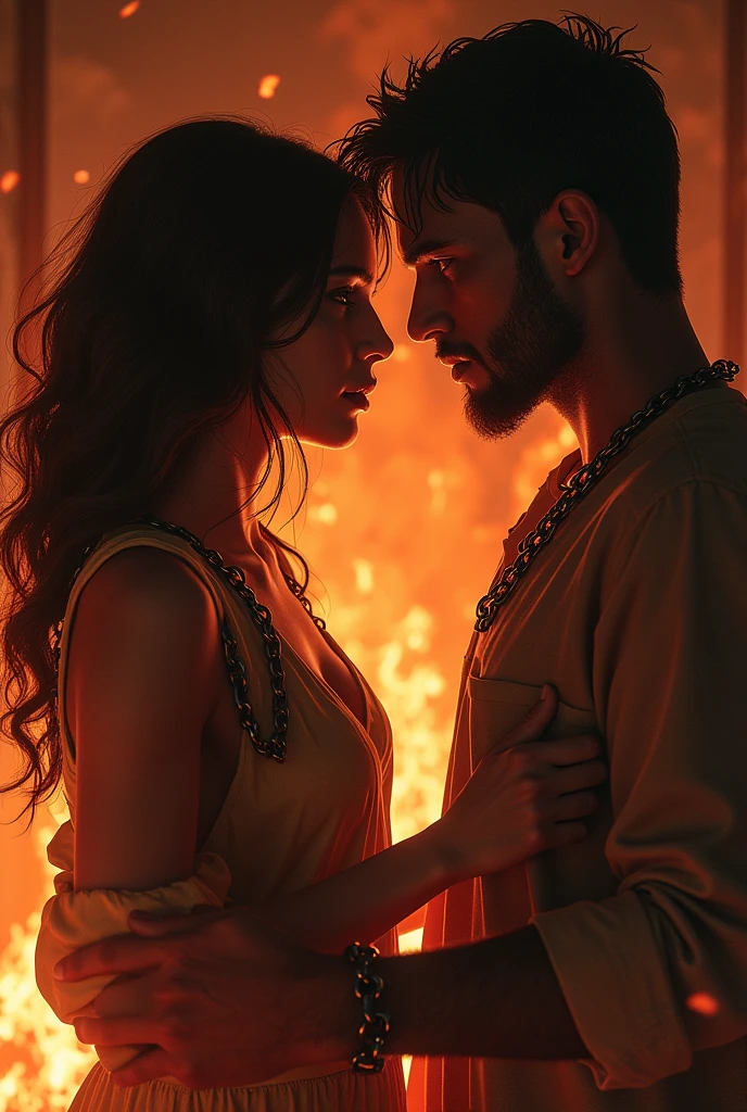 Woman chained by a man in a fire as they look at each other sadly