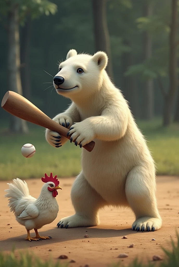 skinny polar bear batting a baseball thrown by a chicken, 8k, uhd, best qualityer, detailded