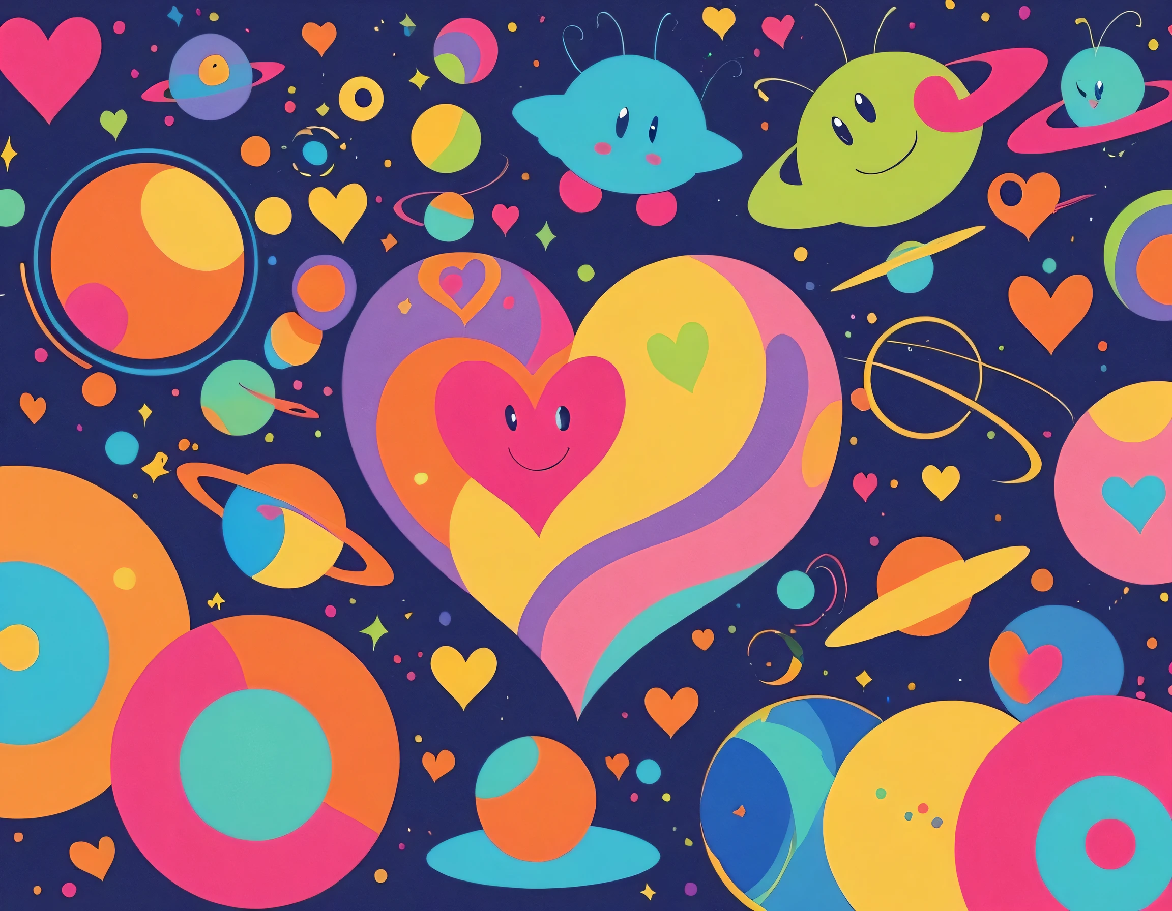 Vasily Kandinsky colorfull style, Simple Line Initialism，Abstract art, colorful hearts, funny design, (((bosom buddy ))), (((Cute Aliens))), The background is space