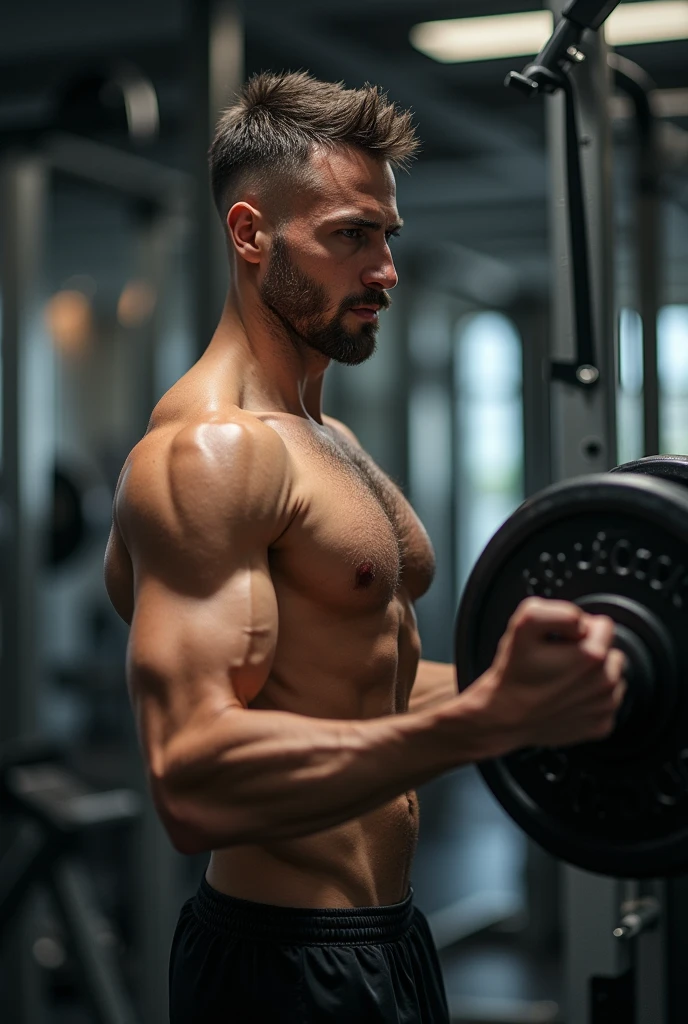 Skinny man without muscle defines himself in the gym