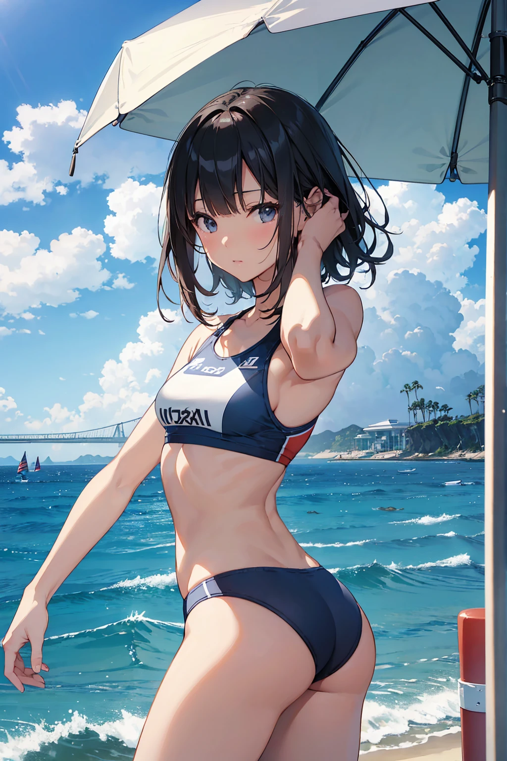 woman、Shortcuts、Straight bangs、Active,High resolution、Ocean、Swimwear、Parasol,Small breasts,Flat chest,Small Ass,((Highest quality)), (Very detailed), (High-definition CG synthesis 8k wallpaper), 高いly detailed, 高い-definition raw colbor photos, Professional photography, Written boundary depth,夏のOcean辺,Beach Volleyballのユニフォーム,Beach Volleyball