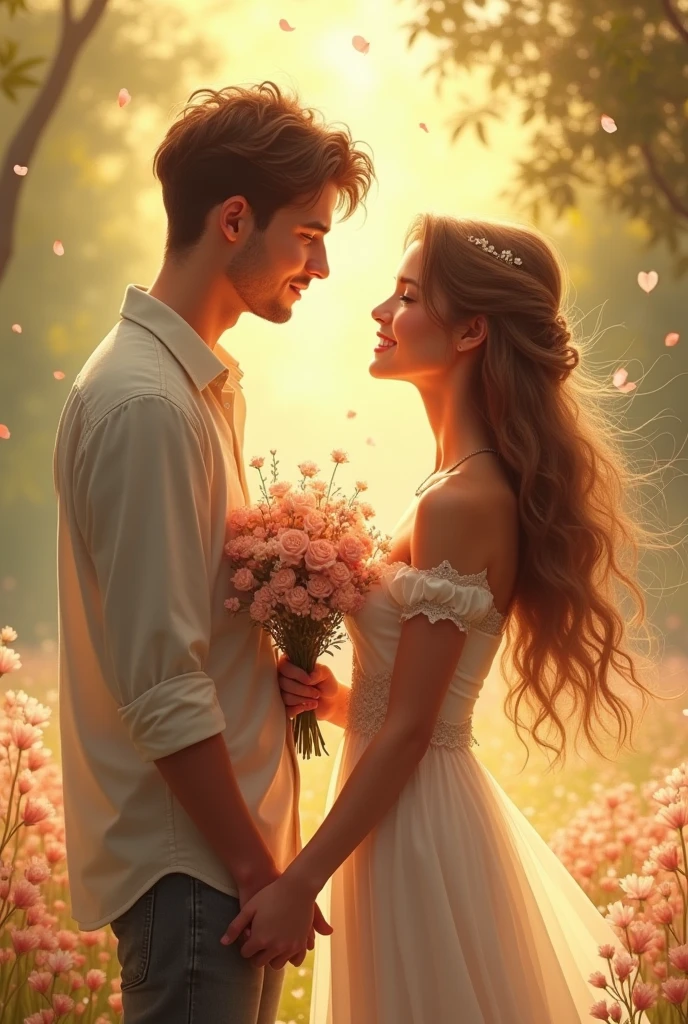 Beautiful girl holding hands with her boyfriend while carrying flowers
