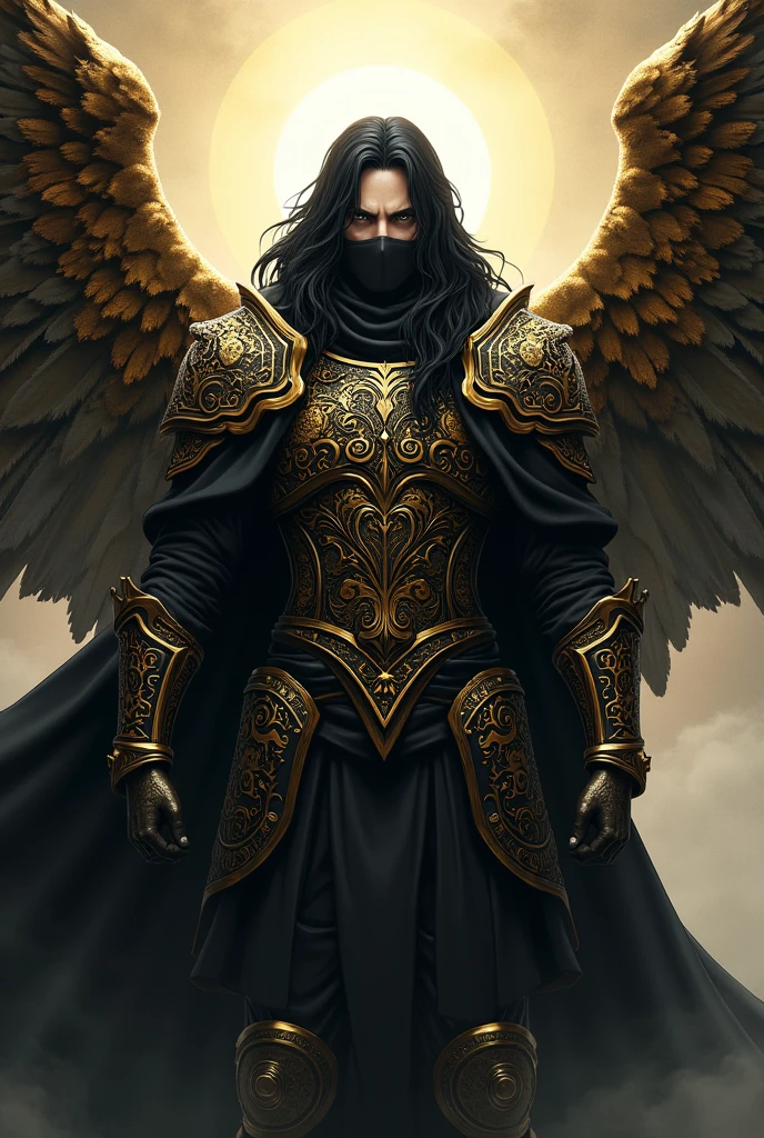 Madara Uchiha male man in armor with long wavy black hair covering part of his face with a golden aura and wings covered in bronze and black metal with golden Hebrew letters inscribed on them with a menacing look and a hood covering his head and face and a mouth cover, emanates a totally incredible power