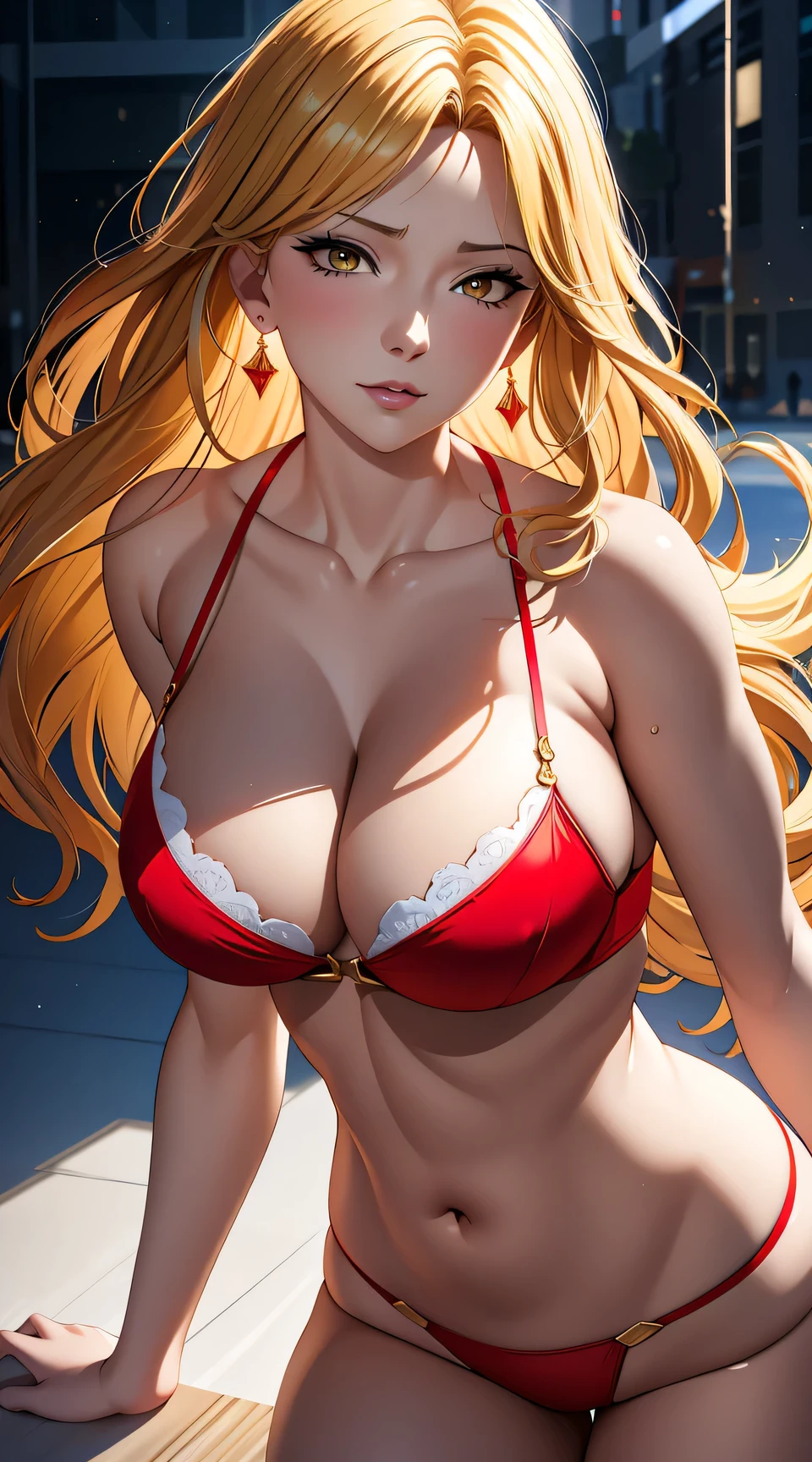 (best quality:1.5, highres, UHD, 4K, detailed lighting, shaders), yellow wavy hair, gradient hair, large breasts, suit, red bra, red string, mature woman , (pov), white background, colorful eyeshadow, dramatic lighting, sparkling eyes, sensual expression, golden earrings, flowing hair, delicate facial features, soft skin, high cheekbones, urban setting, white background, dont look for the camera, lean forward,
