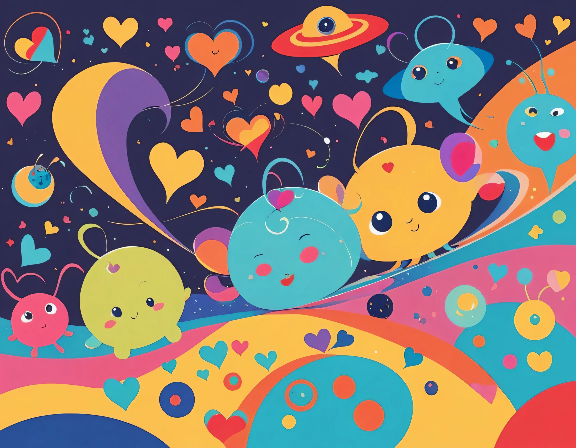 Vasily Kandinsky colorfull style, Simple Line Initialism，Abstract art, colorful hearts, funny design, (((bosom buddy ))), (((Cute Aliens))), The background is space