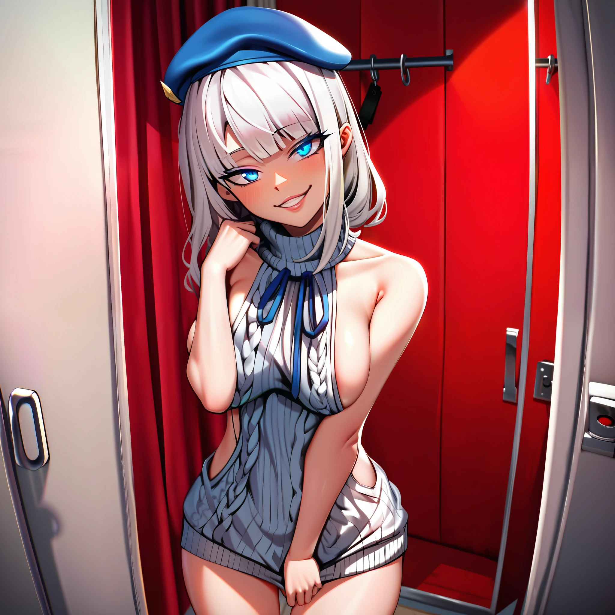 blue beret, white hair, blue eyes, trimmed straight hair, 1girl, gorgeous, virgin killer sweater, 4k, hd, room, looking at the viewer, repaired eyes, correct anatomy, natural colors, anime, closet-up, artgrem, gesugao, standing, parted lips, sadistic, half-closed eye, (glowing eyes:0.5), sexy pose, 