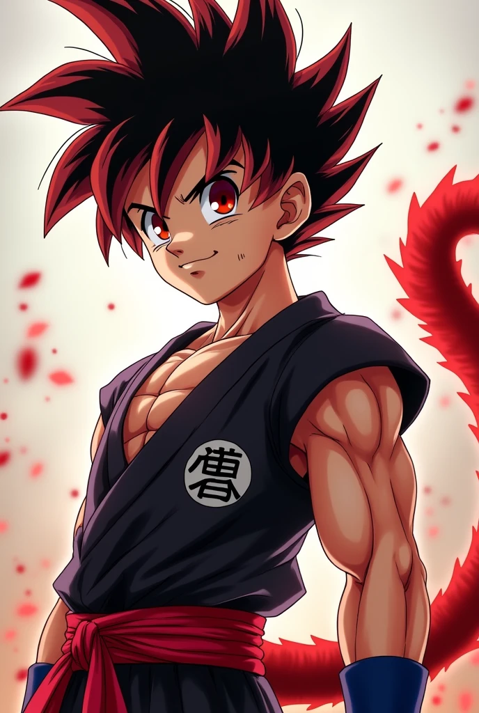 A new saiyajin with a black and red gi, black-red hair, red eyes and with a saiyajin tail. In the age of gohan