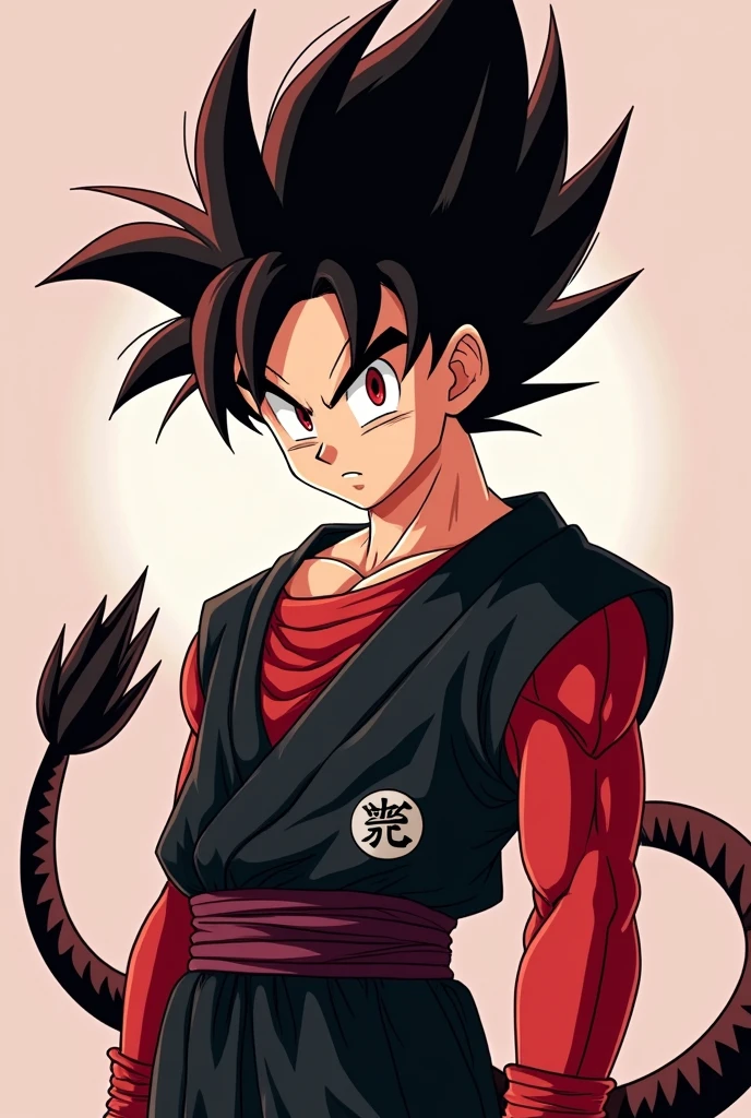 A new saiyajin with a black and red gi, black-red hair, red eyes and with a saiyajin tail. In the age of gohan