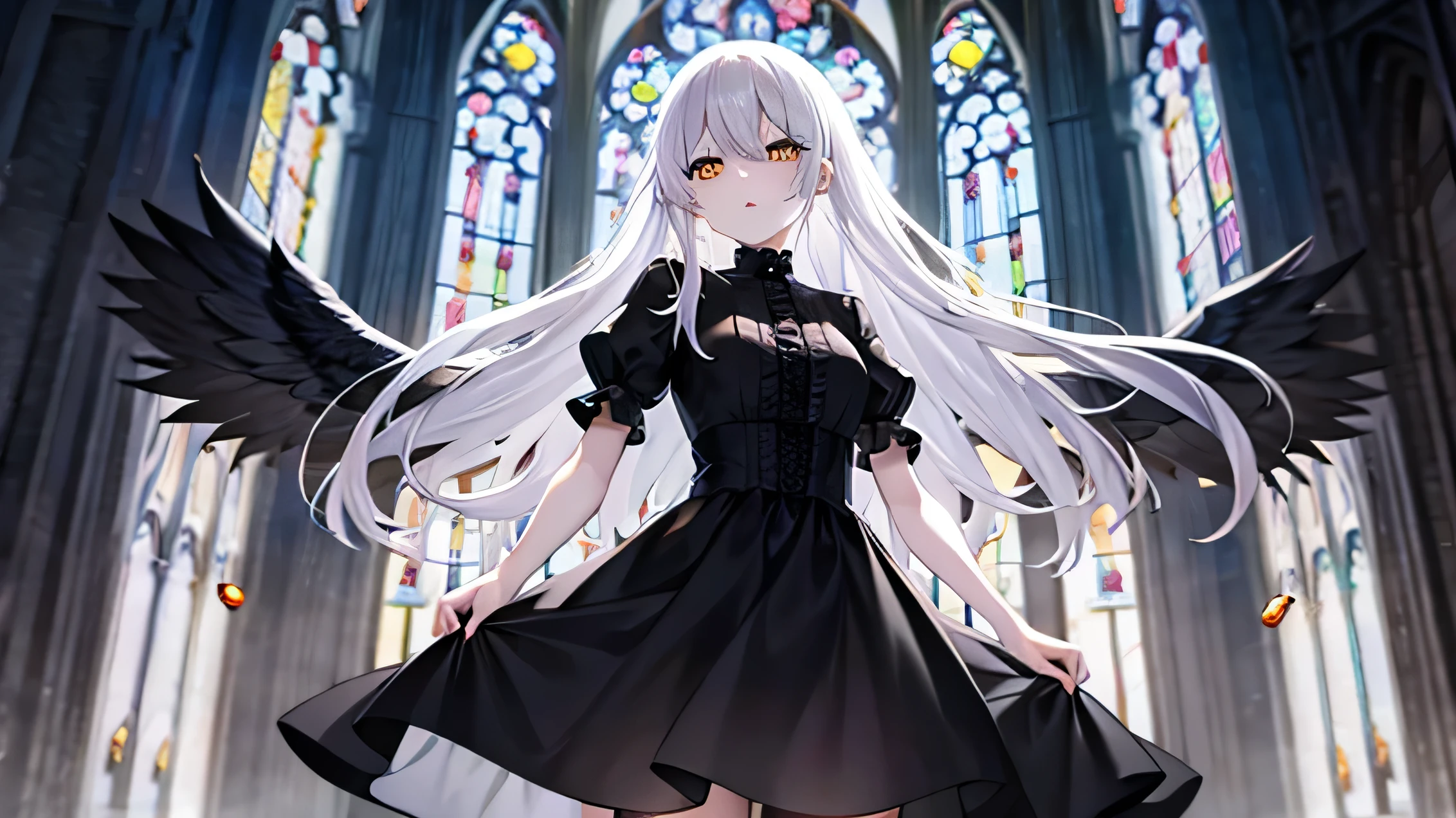 pale skin, white hair, build, yellow amber eyes, no expression, empty eyes, fallen angel, black angel wings, black gothic dress, cathedral, stained glass, glow, god rays, ethereal, dreamy, heavenly, otherworldly, dream-like, breathtaking, captivating, divine, short skirt,
