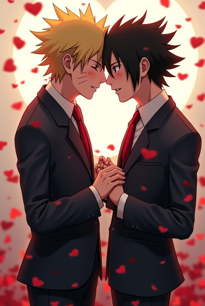 Naruto Uzumaki and Sasuke Uchiha looking in love, with suit and with blood splatter details and rose petals around