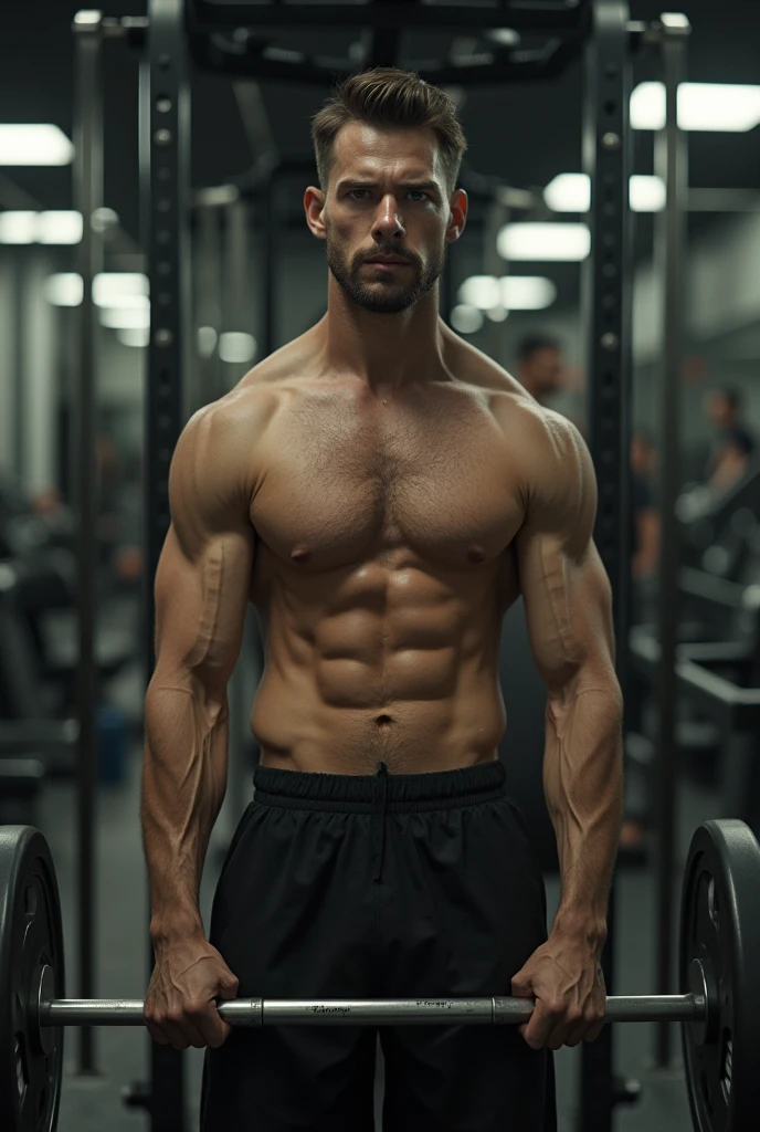 Skinny man without muscle defines himself in the gym