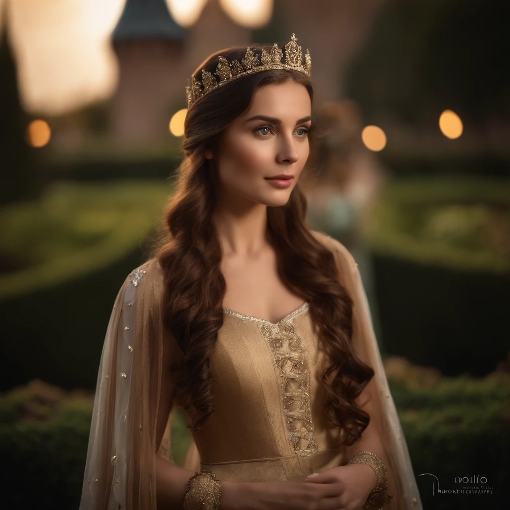 a beautiful young princess evangeline frostheart, brown hair, fair skin, light eyes, gentle gaze, kingdom of unam palace garden, accompanied by ladies-in-waiting, detailed, long take, static and symmetrical framing, medieval film filter, low and closed camera angle, close up, indirect and diffuse lighting, dark fantasy, fairy tale movie scene, photo, illustration, cinematic, (best quality,4k,8k,highres,masterpiece:1.2),ultra-detailed,(realistic,photorealistic,photo-realistic:1.37),HDR,UHD,studio lighting,ultra-fine painting,sharp focus,physically-based rendering,extreme detail description,professional,vivid colors,bokeh